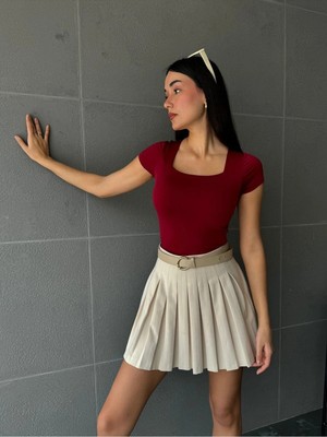 Minaaise Bordo Kare Yaka Kısa Kollu Slimfit Basic Body 27174