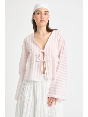Minaaise Pembe Modal Kumaş Çizgili Önden Bağlamalı Bluz 29292