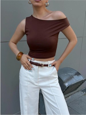Minaaise Kadın Kahve Sandy Kumaş Düşük Omuzlu Kalın Askılı Body 29127