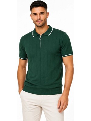 Erkek Fitilli Triko T-Shirt Polo Yaka Yarım Fermuarlı Kısa Kollu Tişört - Yeşil