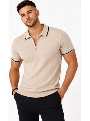 Erkek Fitilli Triko T-Shirt Polo Yaka Yarım Fermuarlı Kısa Kollu Tişört - Bej