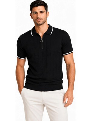 Erkek Fitilli Triko T-Shirt Polo Yaka Yarım Fermuarlı Kısa Kollu Tişört - Siyah