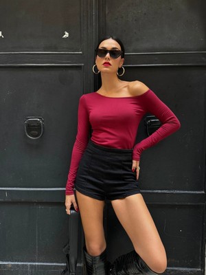 Minaaise Kadın Bordo Kayık Yaka Pamuk Kumaş Bluz 28168