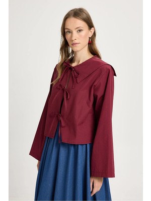 Minaaise Kadın Bordo Poplin Kumaş Önden Bağlamalı Yaka Detaylı Bluz 30012