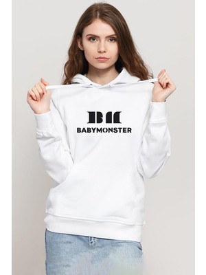 Tshirthane Babymonster Logo Beyaz Kadın 3ip Kapşonlu Sweatshirt