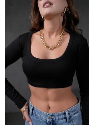 Minaaise Kadın Siyah Açık Yaka Uzun Kollu Fitilli Örme Crop Bluz 28209