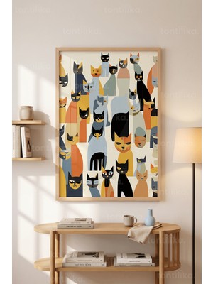 Tontilika Geometrik Kedi Tasarımı 1. Kalite Ahşap Çerçeveli Tablo
