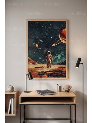 Tontilika Uzay ve Astronot Temalı 1. Kalite Ahşap Çerçeveli Tablo