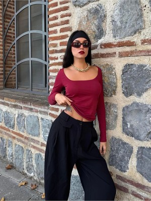 Minaaise Kadın Bordo Kayık Yaka Pamuk Kumaş Body 28338