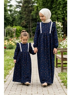 Betül Akbay Kız Çocuk Tesettür Elbise – Ahsen Model Pamuklu Viskon Tam Boy Lacivert