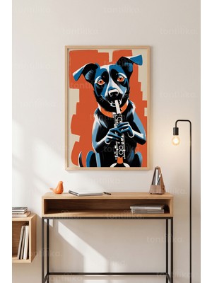 Tontilika Müzisyen Köpek 1. Kalite Ahşap Çerçeveli Tablo