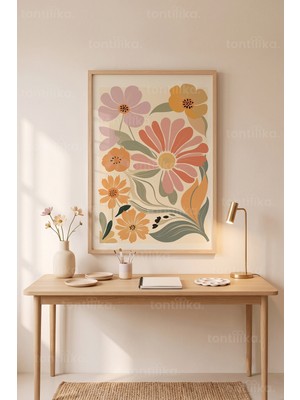 Tontilika Çiçek Desenli Minimalist 1. Kalite Ahşap Çerçeveli Tablo