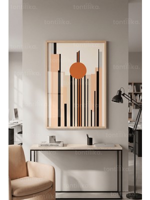 Tontilika Minimalist Geometrik Şehir Silüeti 1. Kalite Ahşap Çerçeveli Tablo