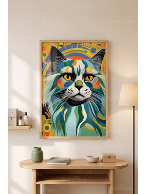 Tontilika Renkli Kedi Portresi 1. Kalite Ahşap Çerçeveli Tablo