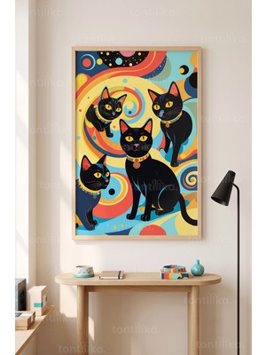 Tontilika Kedi Temalı Renk Cümbüşü 1. Kalite Ahşap Çerçeveli Tablo