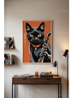Tontilika Kedi ve Müzik 1. Kalite Ahşap Çerçeveli Tablo