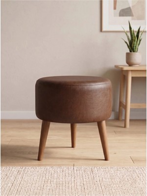 Kayser Home Modern Acı Kahve Deri Puf Tabure Ahşap Ceviz Ayaklı Yuvarlak Puf 40X42 cm