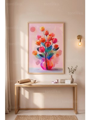 Tontilika Renkli Çiçek Deseni 1. Kalite Ahşap Çerçeveli Tablo