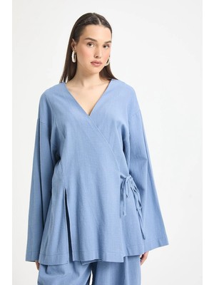 Minaaise Indigo Yırtmaç Detaylı Bağlamalı Uzun %100 Pamuk Kimono 29211