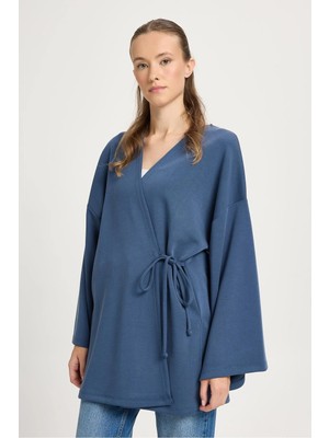 Minaaise Kadın Indigo Oversize Uzun Kimono Yumuşacık Modal Ceket 30006