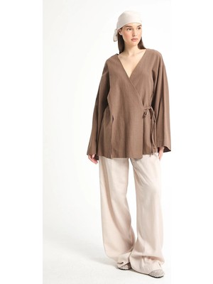 Minaaise Kahve Yırtmaç Detaylı Bağlamalı Uzun %100 Pamuk Kimono 29211