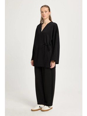 Minaaise Kadın Siyah Oversize Uzun Kimono Yumuşacık Modal Ceket 30006