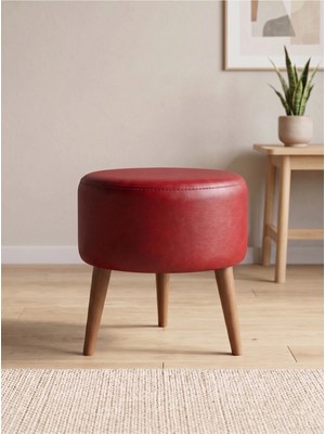 Kayser Home Modern Kırmızı Deri Puf Tabure Ahşap Ceviz Ayaklı Yuvarlak Puf 40X42 cm