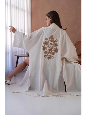 Minaaise Kadın Natur Keten Sırtı Nakışlı Inci Detaylı Uzun Kimono Ceket 29002