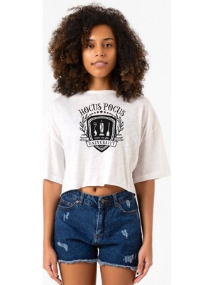 Hocus Pocus University Beyaz Kırçıllı Kadın Crop Tshirt