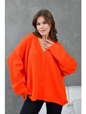 Minaaise Nar Çiçeği Yumoş V Yaka Düğmeli Oversize Triko Hırka 24106
