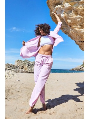 Minaaise Pembe Düşük Bel Lastikli Geniş Kesim Çizgili Pantolon 27280