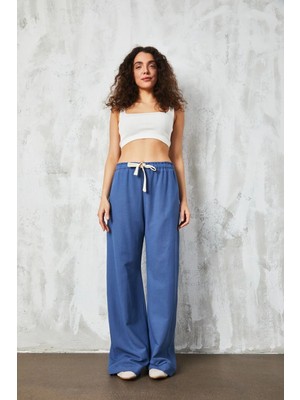 Minaaise Indigo Keten Bol Kesim Bağcık Detaylı Pantolon 27057