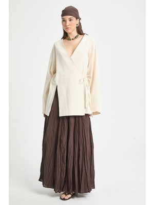 Minaaise Ekru Yırtmaç Detaylı Bağlamalı Uzun %100 Pamuk Kimono 29211