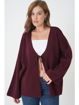 Minaaise Kadın Bordo Triko Önden Bağlamalı Geniş Kesim Hırka 6246