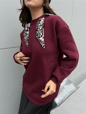 Minaaise Kadın Bordo Leopar Şal Detaylı Oversize Sweatshirts 30096