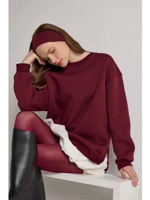 Minaaise Kadın Bordo Basic Yırtmaçlı Oversize 3 iplik Şardonlu Sweatshirts 30078