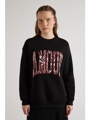 Minaaise Kadın Siyah Leopar Nakışlı Oversize Şardonlu Sweatshirts 30064