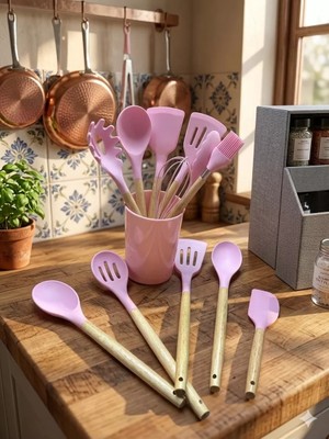 Uslucan Alışveriş 12 Parça Bambu Saplı Silikon Mutfak Gereçleri Seti - Pembe Mutfak Servis Seti