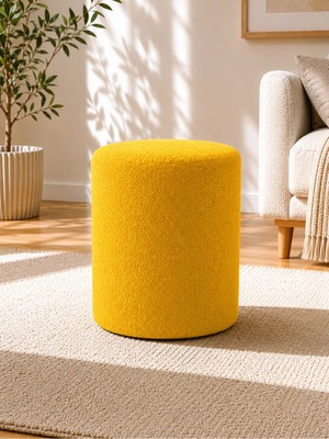Kayser Home Sarı Welsoft Kumaş Puf 40X45 cm Yuvarlak Puf Dekoratif Oturma Pufu Yumuşak Dokulu Modern Puf