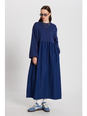 Minaaise Indigo Üstü Penye Altı Dokuma Oversize Uzun Kollu Uzun Elbise 28169