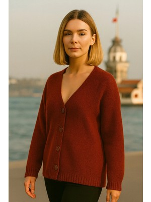 Minaaise Kadın Bordo Bol Kalıp Düğmeli Yumuşak Dokulu Hırka 6232