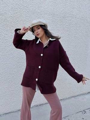 Minaaise Kadın Bordo Oversize Taşlı Düğmeli Cepli Uzun Hırka 38