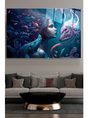Giyinsem Mermaid And Fishes Cam Tablo, Dekoratif Cam Tablo