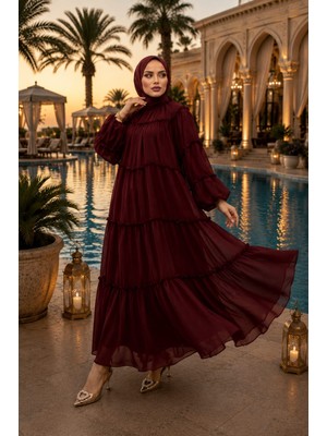 Rahime Durmuş Collection Premium Şifon Kat Kat Tesettür Elbise – Uçuş Uçuş Salaş Kesim, Astarlı, Bordo Abiye & Özel Gün Elbisesi