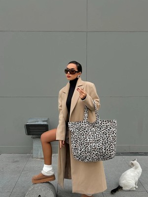 Minaaise Leopar Desenli Oversize Kanvas Bez Çanta
