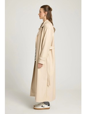 Minaaise Kadın Taş Oversize Astarsız Tam Boy Deri Trench 30022