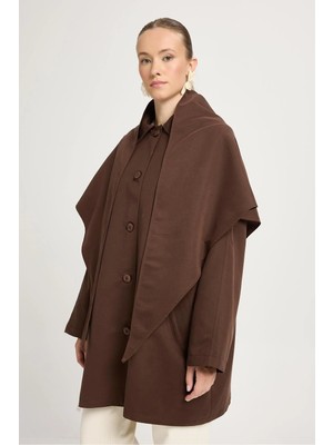 Minaaise Kadın Kahve Oversize Seyyar Yakalı Astarlı Tasarım Trençkot 30009