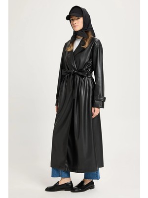 Minaaise Kadın Siyah Oversize Astarsız Tam Boy Deri Trench 30022