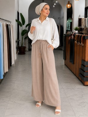 Esra Butik Kadın Müslin Kumaş Bol Paça Pantolon Beli Lastikli Cepli Yazlık Rahat Günlük Pantolon 36-44 Beden