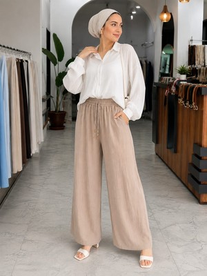 Esra Butik Kadın Müslin Kumaş Bol Paça Pantolon Beli Lastikli Cepli Yazlık Rahat Günlük Pantolon 36-44 Beden
